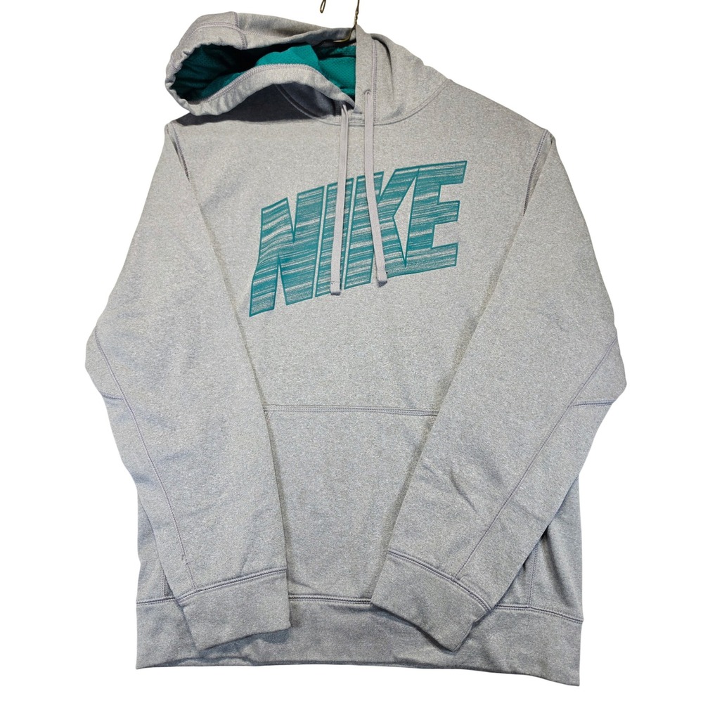 Nike Therma-FIT Hoodie Mens Small Gray Teal Graphic Logo Pullover Sweatshirt